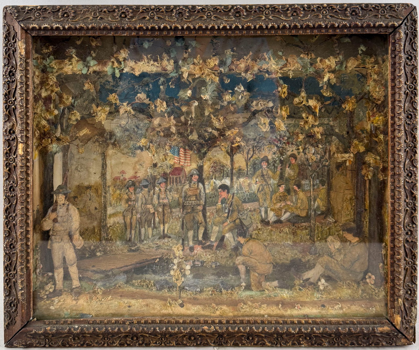 UNUSUAL SHADOW BOX DIORAMA OF A WORLD WAR I ENCAMPMENT 20th Century 13" x 16". (1 of 3)