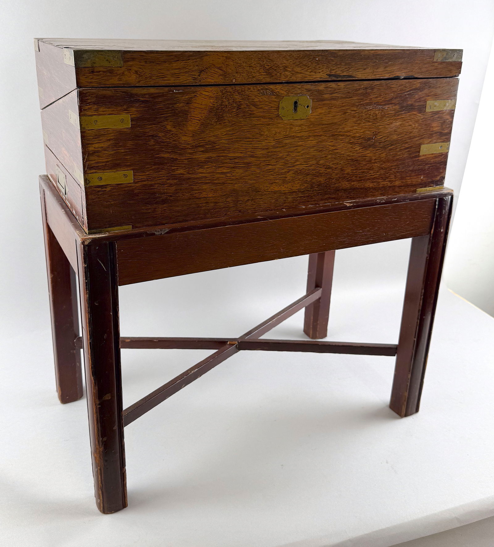ENGLISH BRASS-BOUND MAHOGANY CAMPAIGN WRITING BOX ON STAND 19th Century Height 25". Width 21". Depth (1 of 3)