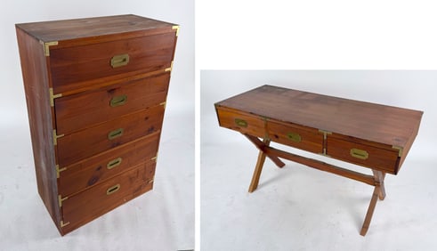 PAIR OF CAMPAIGN-STYLE DESKS AND A SIMILAR BUREAU 20th Century Desk heights 30". Widths 53". Depths
