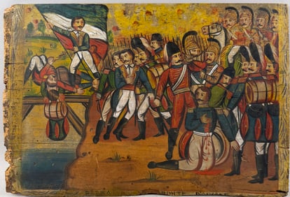 MEXICAN SCHOOL (20th Century,), Battle scene., Oil on board, 13" x 20". Unframed.