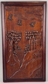 CARVED MAHOGANY PANEL WITH SCENIC LANDSCAPE 20th Century 22" x 12.5".
