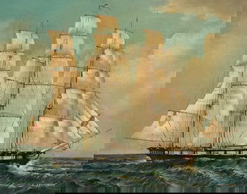 PORTRAIT OF A THREE-MASTED SHIP Late 20th Century Oil on canvas, 16" x 20". Framed 23" x 28".