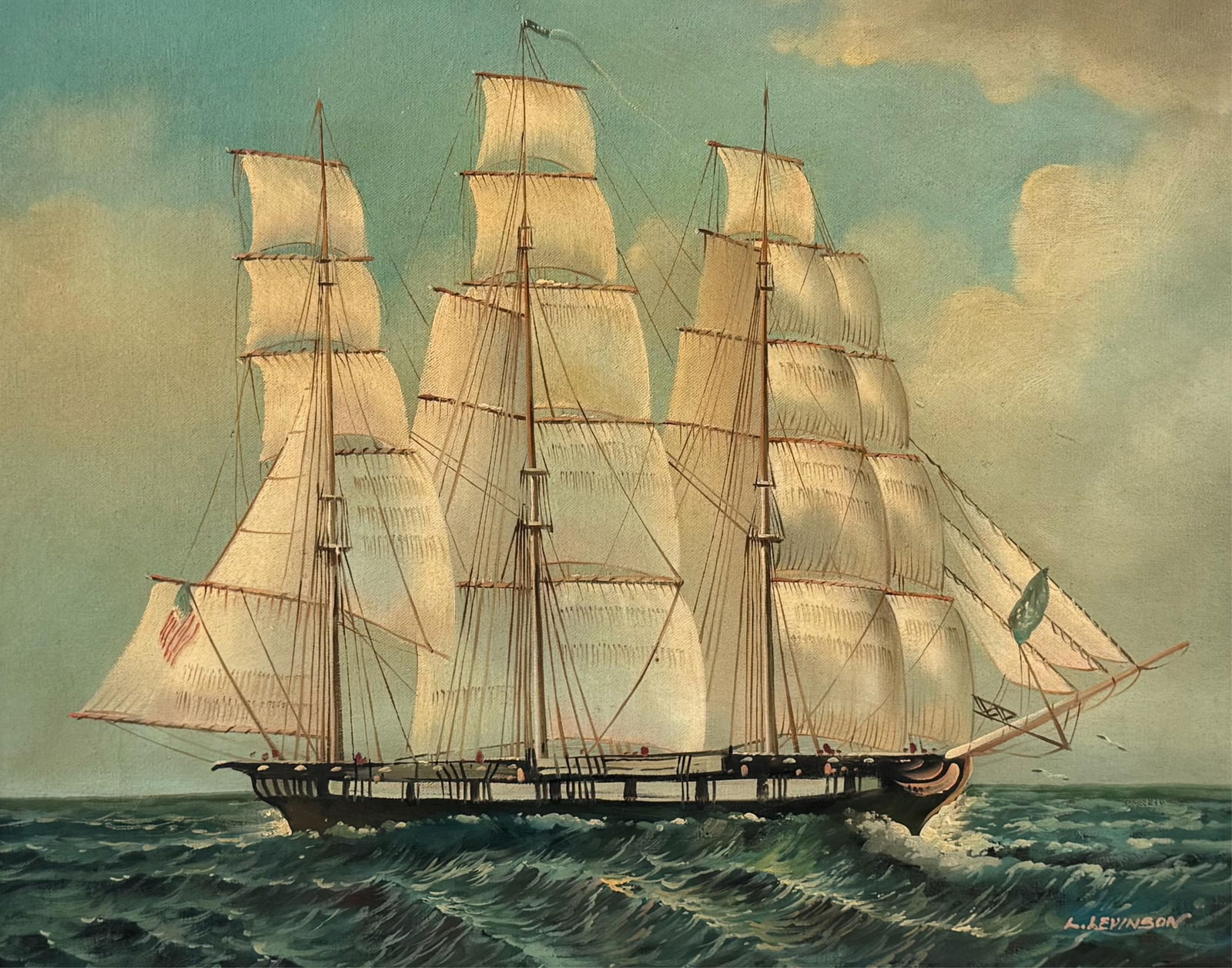 PORTRAIT OF A THREE-MASTED SHIP Late 20th Century Oil on canvas, 16" x 20". Framed 23" x 28". (1 of 4)