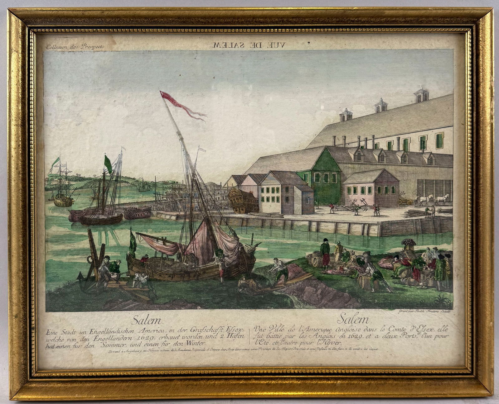 HAND-COLORED ENGRAVED VUE D'OPTIQUE OF SALEM Circa 1770 Framed 14.5" x 18.25". (1 of 3)
