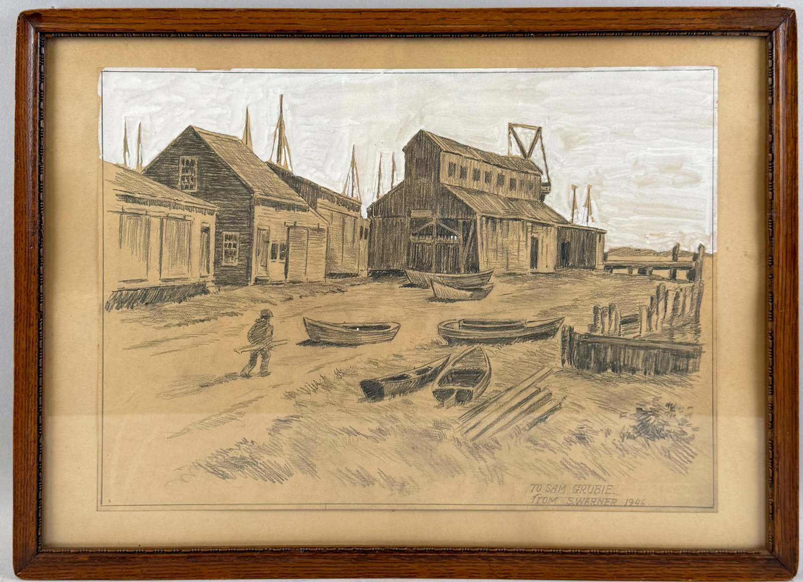 SAMUEL WARNER (Massachusetts/New York/England, 1871-1947), Harbor scene with ship masts visible: SAMUEL WARNER Massachusetts/New York/England, 1871-1947 Harbor scene with ship masts visible above the buildings. Signed and dated 1946 lower left. Gouache, charcoal and pencil, 12" x 17". Framed 15.2