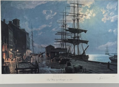 JOHN STOBART (Massachusetts/Florida/England, 1929-2023), "Boston - Long Wharf by Moonlight in