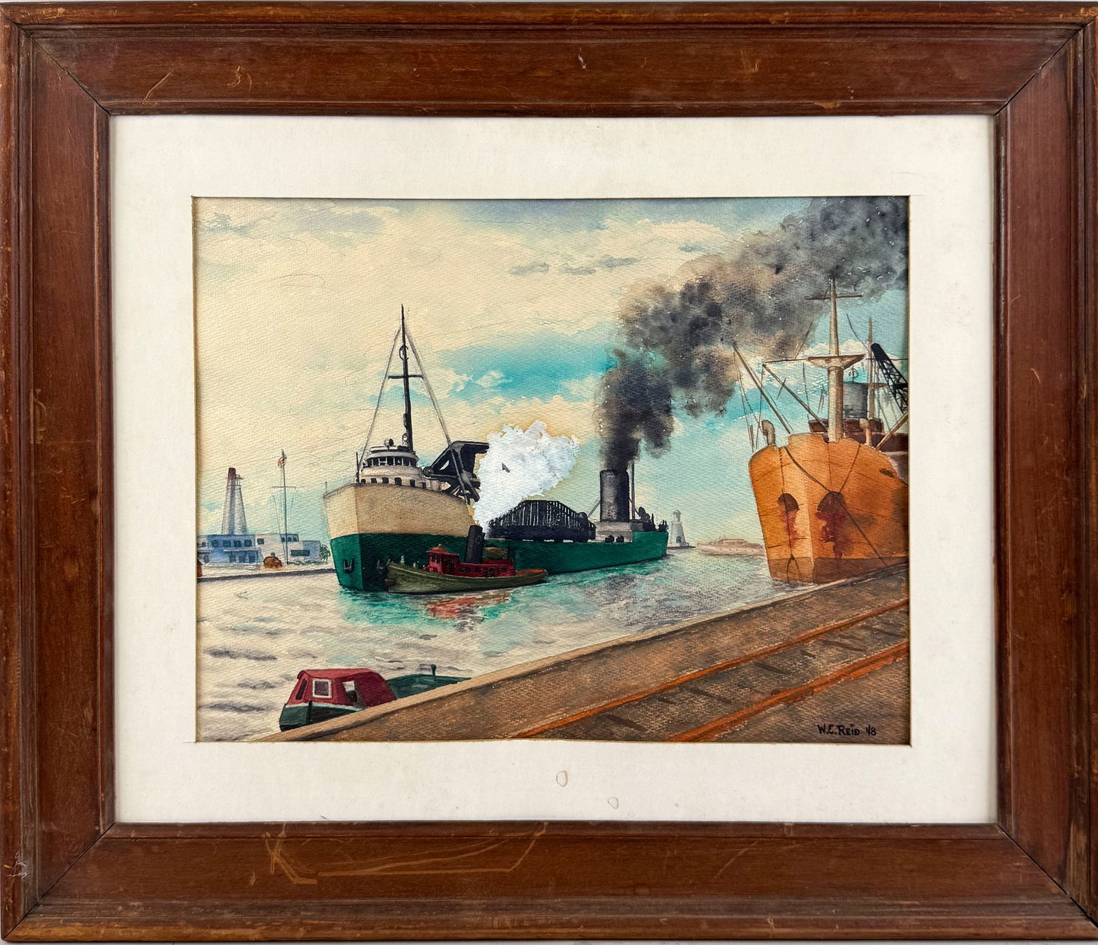 WALLACE E. REID (20th Century,), "Freighters"., Watercolor on paper, 12" x 16". Framed 20" x 24". (1 of 1)