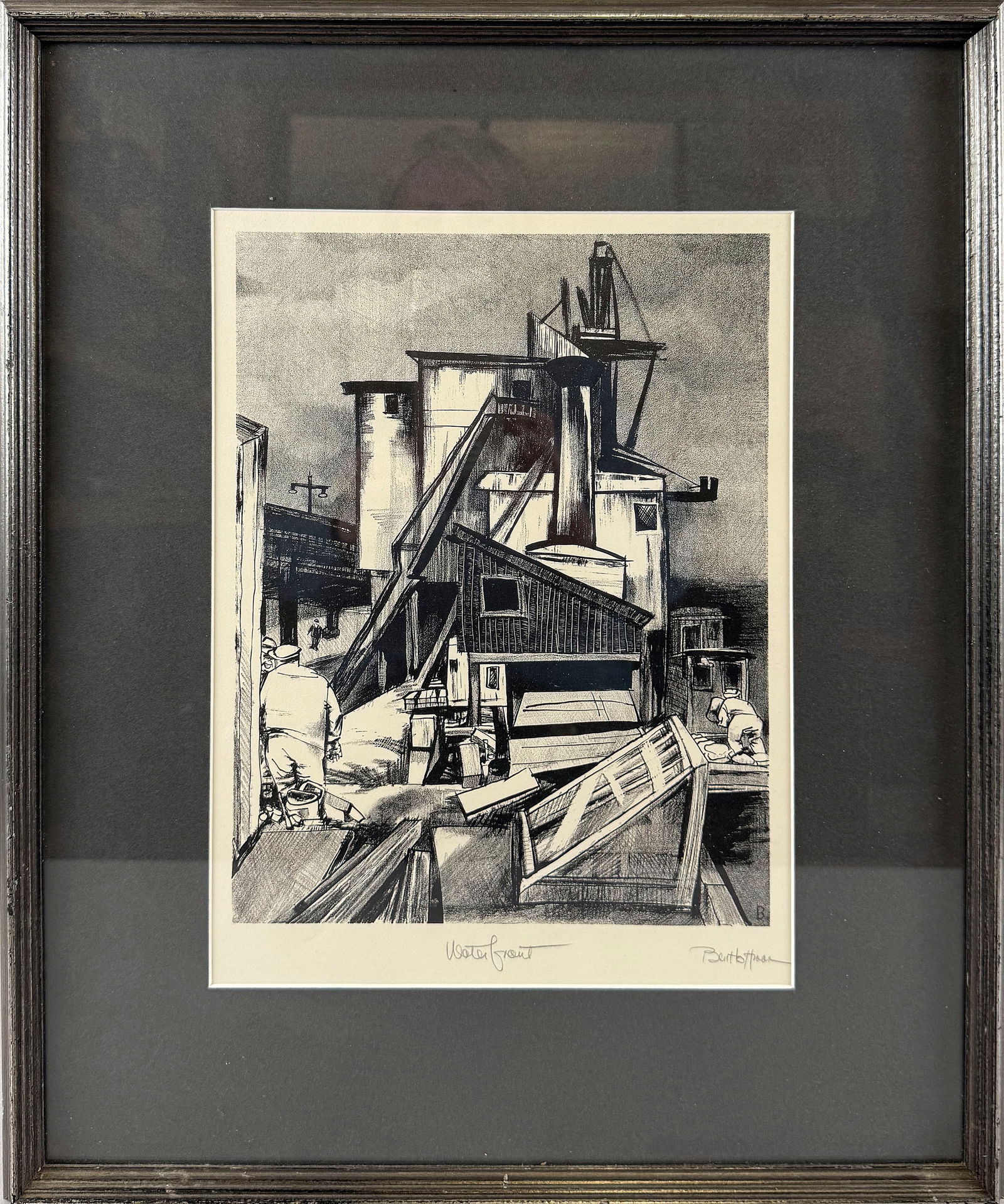 BENJAMIN HOFFMAN (ABAMOWITZ) (Maryland/New York, 1917-2011), "Waterfront"., Lithograph, 8.75" x: BENJAMIN HOFFMAN (ABAMOWITZ)Maryland/New York, 1917-2011"Waterfront". WPA precisionist dock scene. Signed and titled lower right "Ben Hoffman".Lithograph, 8.75" x 11.5". Framed 11.5" x 16".