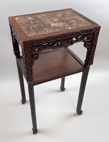 CHINESE ROSEWOOD STAND WITH ROUGE MARBLE TOP Early 20th Century Height 31.5". Top 16.5" x 12.25".