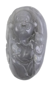 CHINESE CARVED GRAY JADE PEBBLE 20th Century Length 3.5". Width 2". Depth approx. 1".