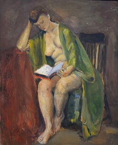NEIL LOVISCO (America, 20th Century), Draped female nude reading a book., Oil on board, 24" x 20".