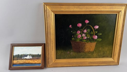 MARIELUISE HUTCHINSON (Massachusetts, 1947-), Two works: a basket of flowers and a marsh landscape
