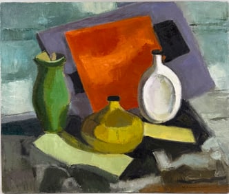 M. ZENA LESSER (Massachusetts, 1926-2022), Still life of bottles., Oil on canvas, 20" x 24".