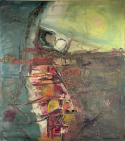 CAROLYN B. YOUNG (America, Late 20th Century), Abstract urban scene., Oil on canvas, 48" x 43".