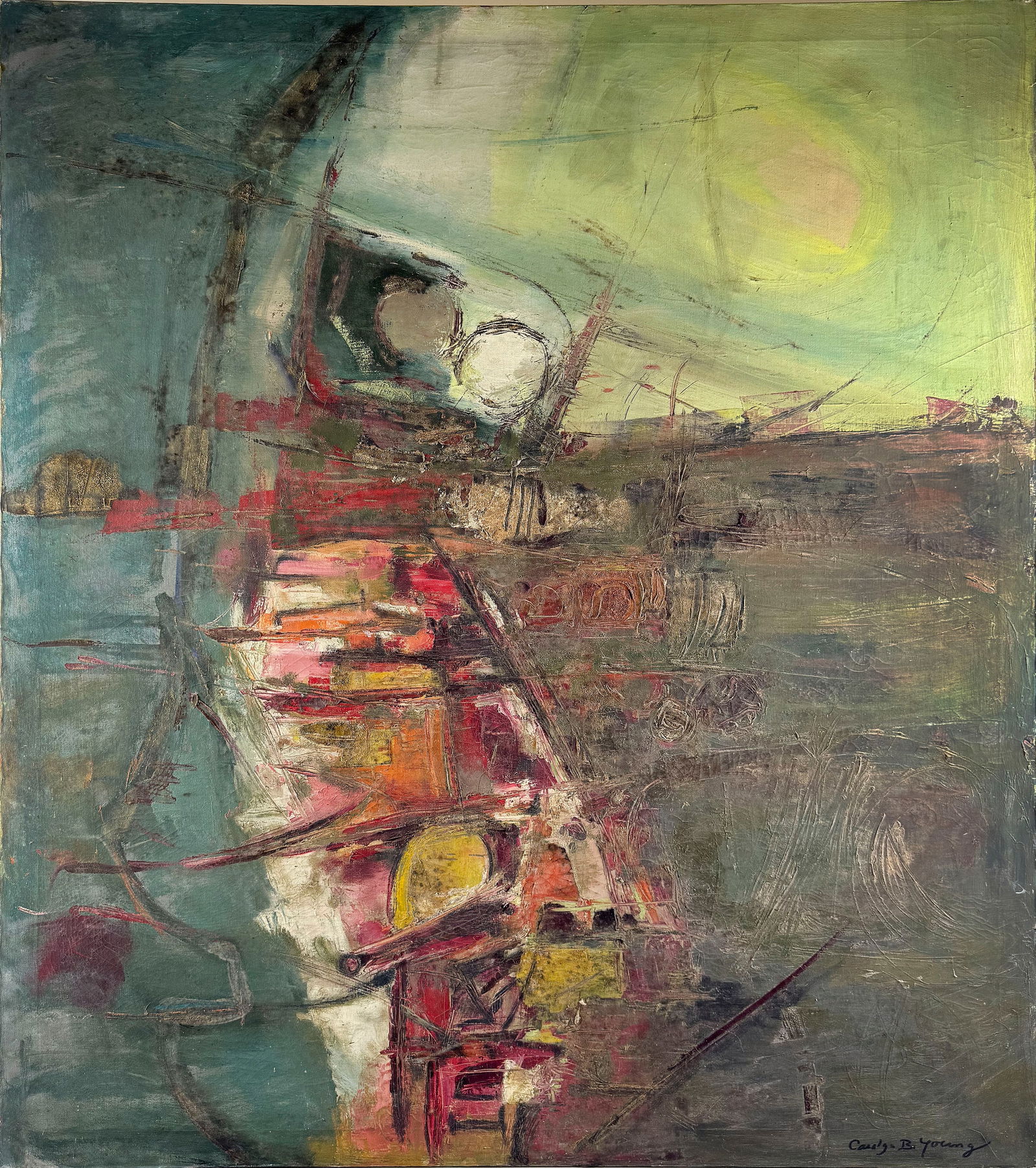 CAROLYN B. YOUNG (America, Late 20th Century), Abstract urban scene., Oil on canvas, 48" x 43". (1 of 5)