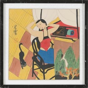 IN THE MANNER OF YONGKAI HU (China, 20th Century), Lady and a black cat., Mixed media on paper,