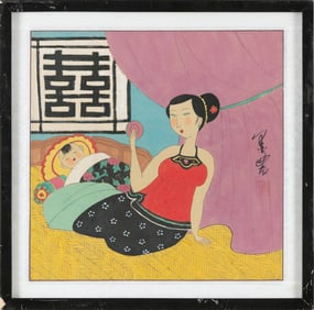 IN THE MANNER OF YONGKAI HU (China, 20th Century), Mother and baby., Mixed media on paper, 13.5" x