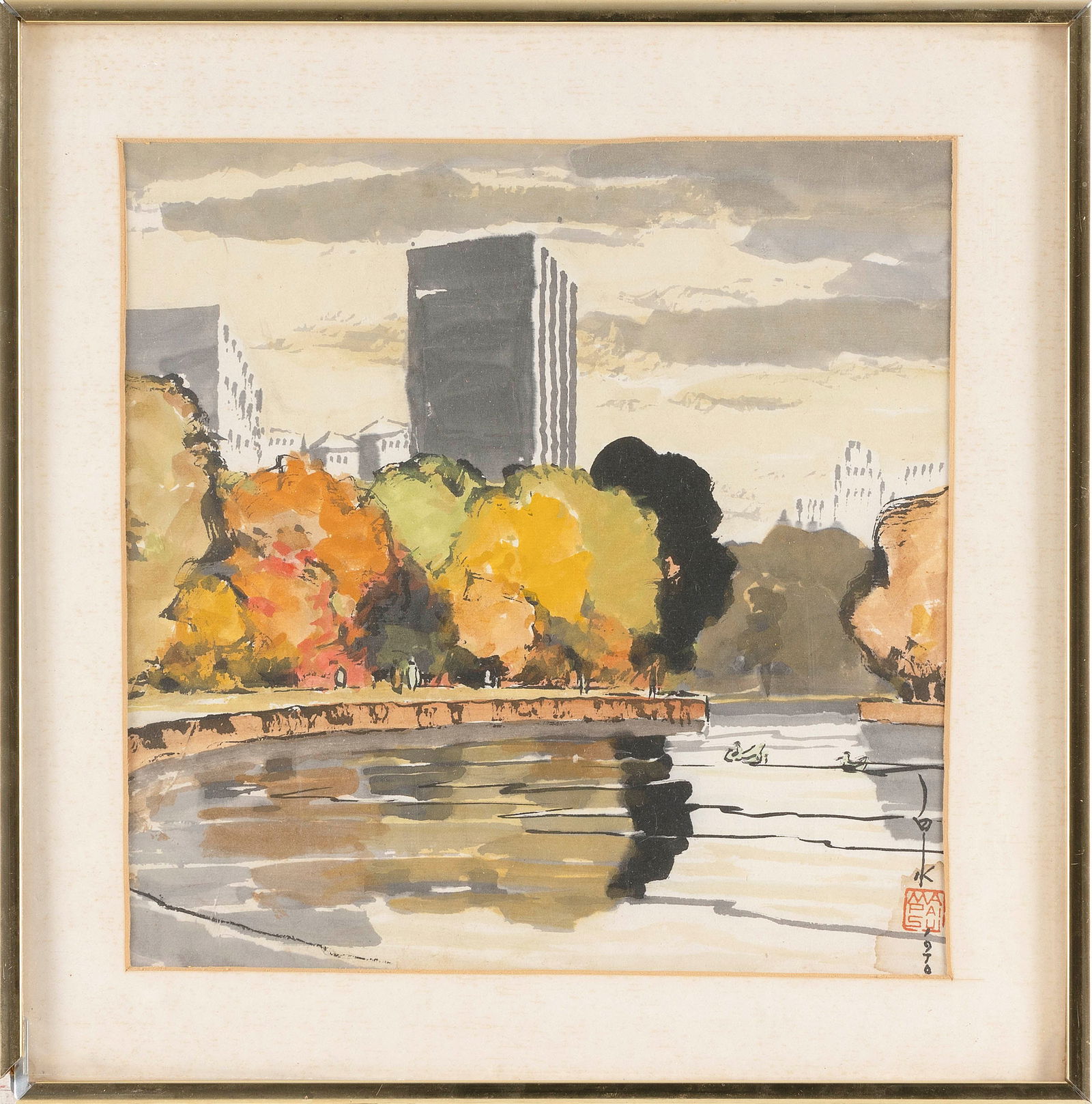 PAI-SUI MA (China/Taiwan, 1909-2003), Central Park., Mixed media on paper, 12" x 12". Framed 16" x (1 of 2)