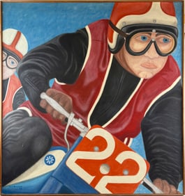 PAT JENSEN (Connecticut/Minnesota, 1929-2009), "Motorcyclist"., Oil on canvas, 50" x 47". Framed