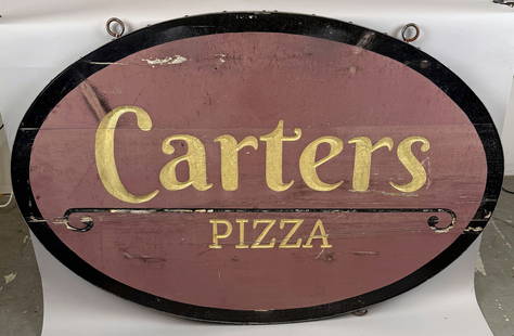 "CARTERS PIZZA" CARVED AND PAINTED WOODEN TRADE SIGN Late 20th Century Height 36". Width 56".: "CARTERS PIZZA" CARVED AND PAINTED WOODEN TRADE SIGNLate 20th CenturyDouble-sided. Steel border.Height 36". Width 56".
