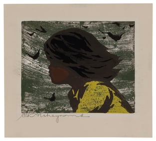 TADASHI NAKAYAMA (Japan, 1927-2014), Girl in Wind., Woodblock print, 11" x 12.5". Unframed.