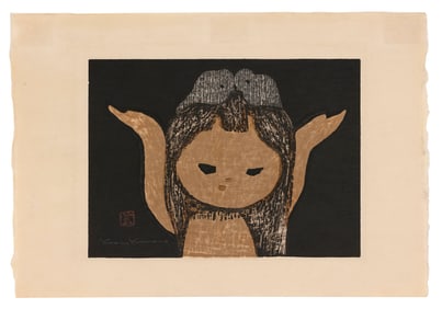 KAORU KAWANO (Japan, 1916-1965), Young Girl with Birds in Her Hair, circa 1950., Woodblock print,
