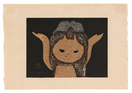 KAORU KAWANO (Japan, 1916-1965), Young Girl with Birds in Her Hair, circa 1950., Woodblock print,: KAORU KAWANOJapan, 1916-1965Young Girl with Birds in Her Hair, circa 1950. Signed and seal marked in image lower left.Woodblock print, oban yoko-e, 11" x 17". Unframed.
