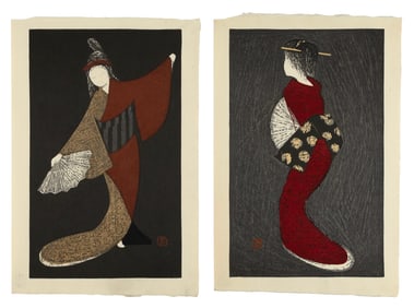 KAORU KAWANO (Japan, 1916-1965), Two portraits of fan dancers in red kimonos., Woodblock prints,