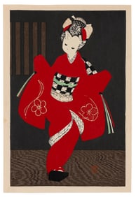 KAORU KAWANO (Japan, 1916-1965), Girl in Red Kimono., Woodblock print, oban tate-e, 16" x 11.25".
