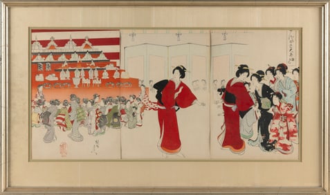 TOYOHARA CHIKANOBU (Japan, 1838-1912), Triptych depicting ladies viewing dolls., Woodblock prints,