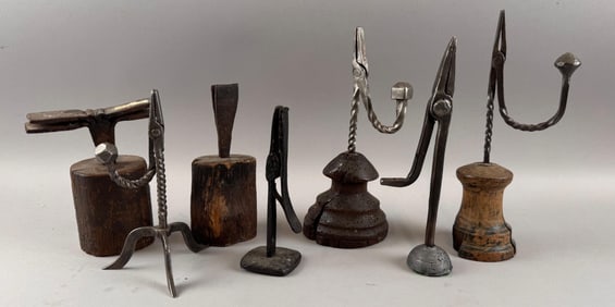SEVEN IRON AND WOOD RUSH LIGHTS 18th/19th Century Heights from 6.25" to 10.5".