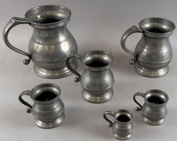 SIX PEWTER MEASURES 19th Century Heights from 2" to 6".
