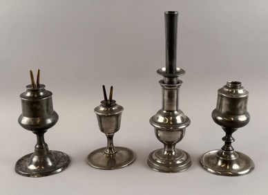 FOUR PEWTER LAMPS 19th Century Heights from 6.75" to 12.5".