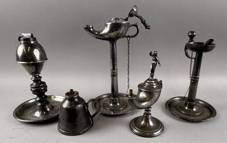 FIVE PEWTER LAMPS 19th Century Heights from 3.75" to 12".