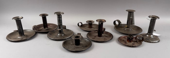 NINE TIN CANDLE HOLDERS 19th Century Heights from 2.25" to 5".