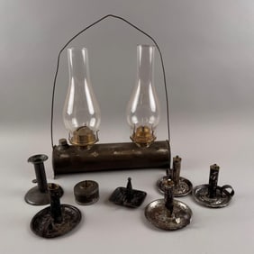 EIGHT TIN LIGHTING ITEMS 19th Century Heights from 2" to 17".