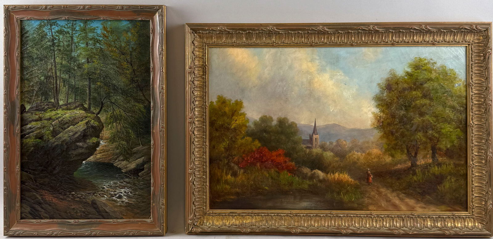 TWO LANDSCAPE PAINTINGS 19th Century Oils. Framed 19" x 13" and 17" x 25". (1 of 5)