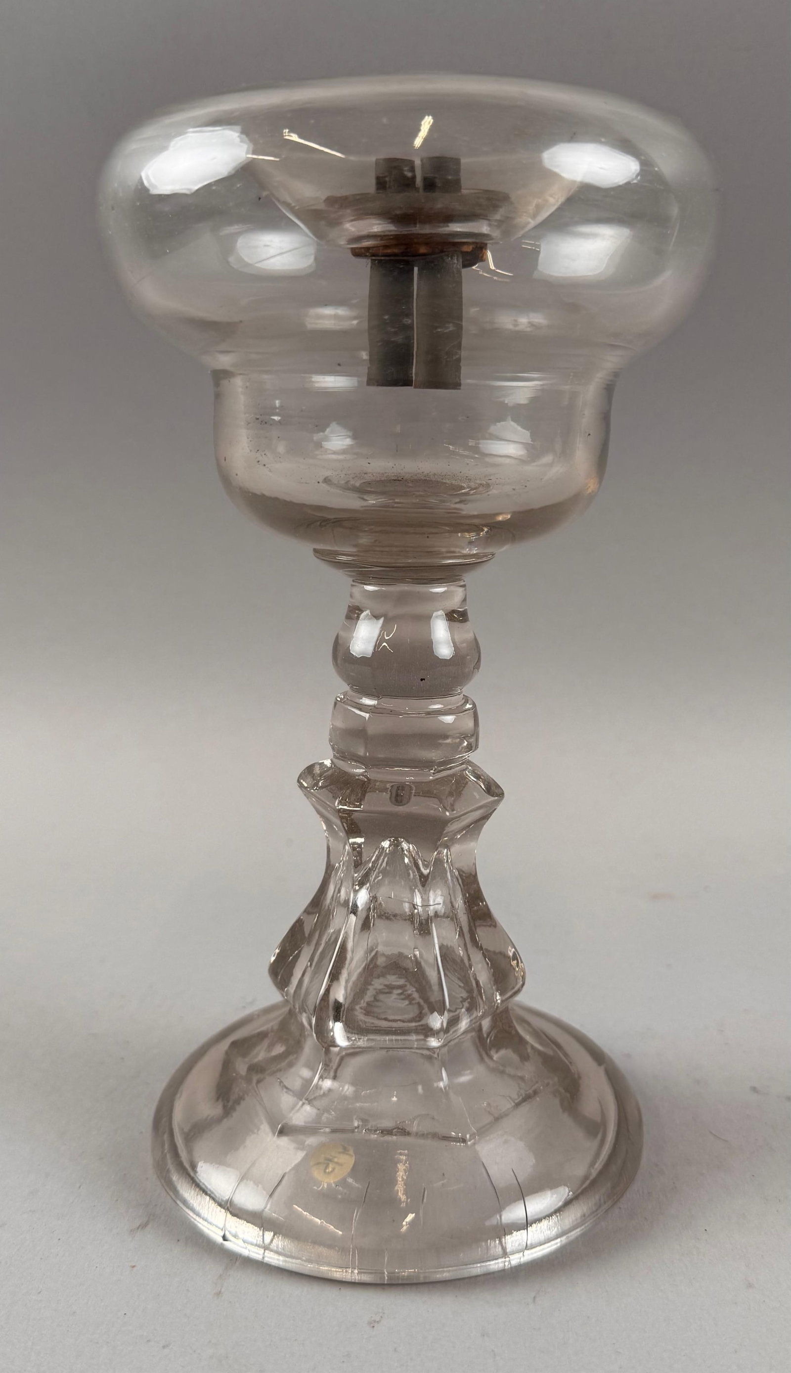 EARLY PRESSED AND FREEBLOWN GLASS WHALE OIL LAMP Circa 1830 Height 7.75".: EARLY PRESSED AND FREEBLOWN GLASS WHALE OIL LAMP Circa 1830 Tin burner. Height 7.75".