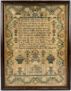 NEEDLEWORK SAMPLER Dated 1820 16" x 12" sight. Framed 17.5" x 13.75".: NEEDLEWORK SAMPLERDated 1820"Sarah Matthews Her Work Aged 13 years 1820".16" x 12" sight. Framed 17.5" x 13.75".