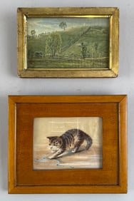 TWO MINIATURE PAINTINGS ON SILK 19th Century Framed 5.75" x 6.75" and 4.45" x 6".