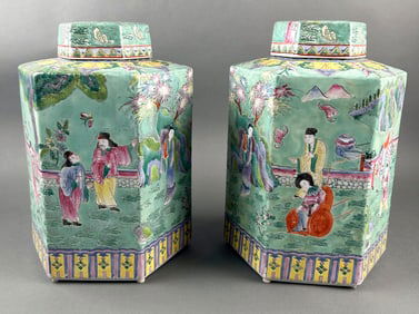 PAIR OF CHINESE FAMILLE ROSE PORCELAIN HEXAGONAL COVERED JARS 20th Century Heights 13".