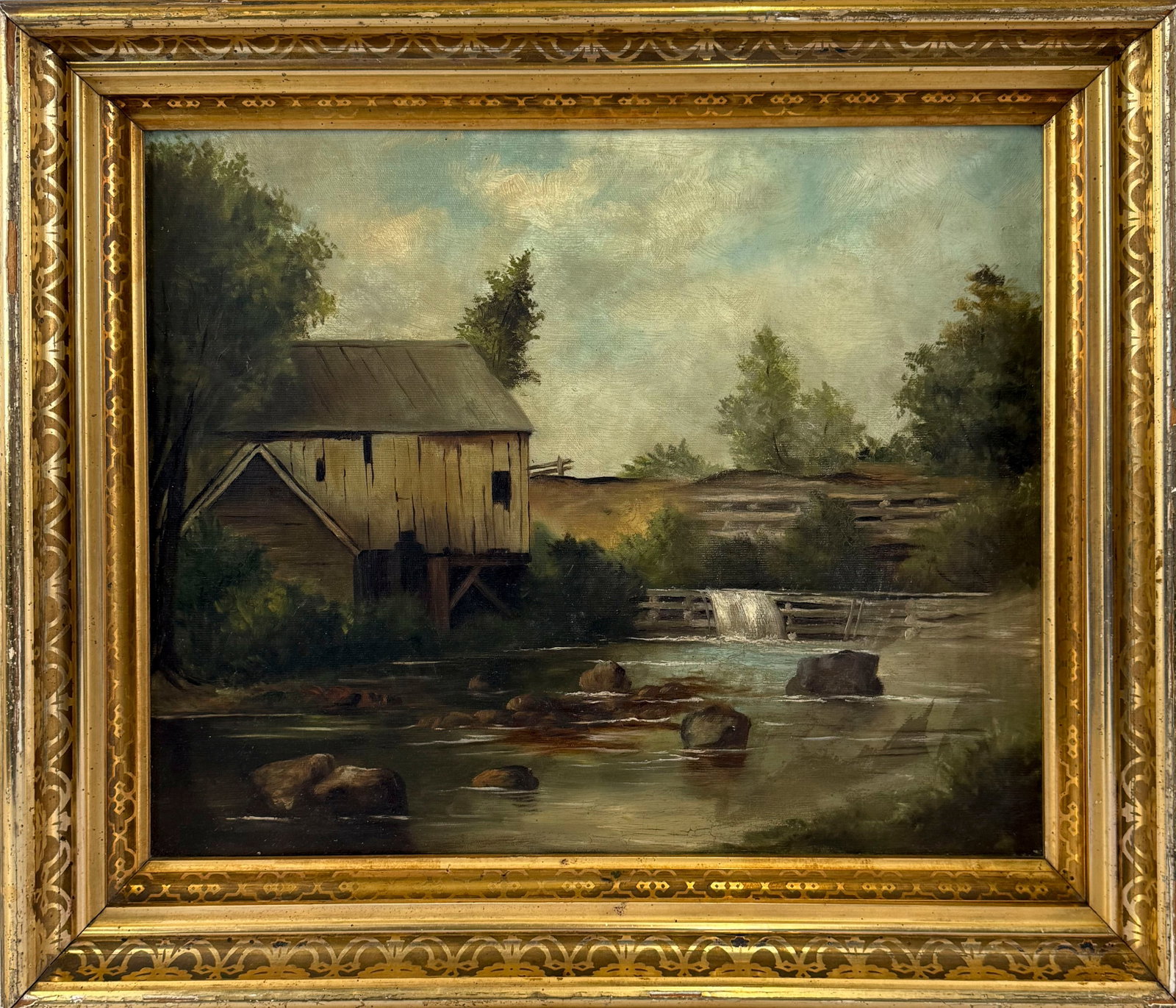 AMERICAN SCHOOL (19th Century,), Landscape with waterfall and barn., Oil on canvas, 16" x 20".: AMERICAN SCHOOL 19th Century Landscape with waterfall and barn. Unsigned. Oil on canvas, 16" x 20". Framed 20.5" x 24.5".
