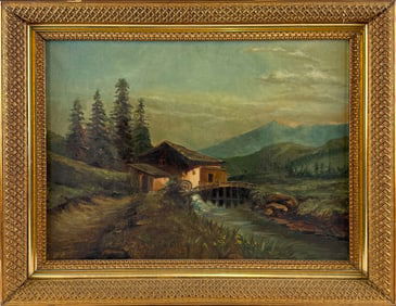 AMERICAN SCHOOL (19th Century,), Mountain landscape with mill., Oil on canvas, 18" x 24". Framed