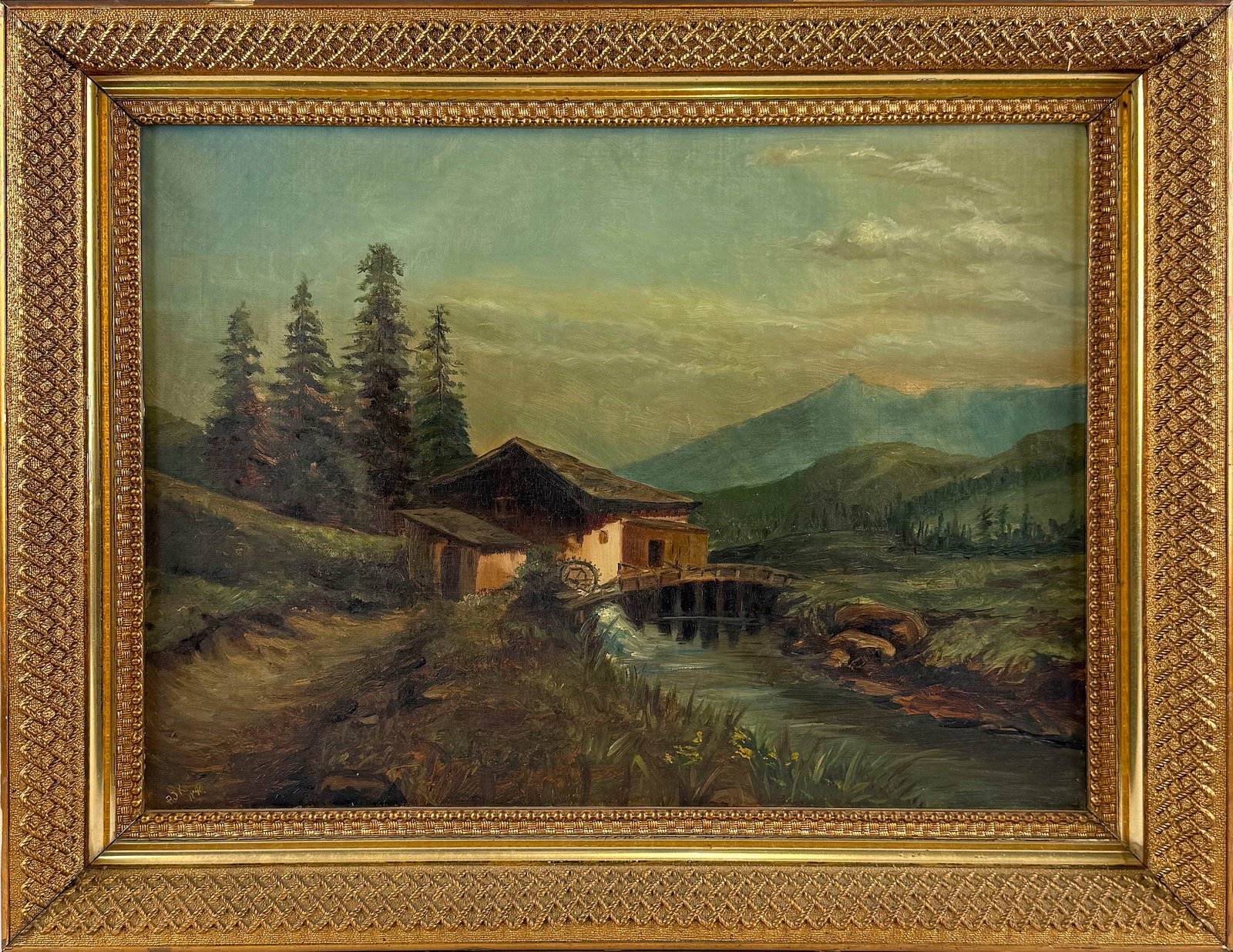 AMERICAN SCHOOL (19th Century,), Mountain landscape with mill., Oil on canvas, 18" x 24". Framed: AMERICAN SCHOOL 19th Century Mountain landscape with mill. Signed lower right "BJK 1890". Oil on canvas, 18" x 24". Framed 23.5" x 29.5".