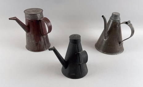 THREE TIN LAMP FILLERS 19th Century Heights from 6" to 6.75".