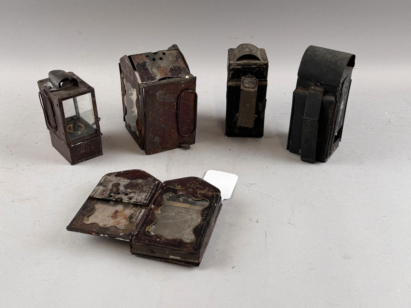 FIVE TIN LANTERNS 19th Century Heights from 4.75" to 6". (1 of 3)