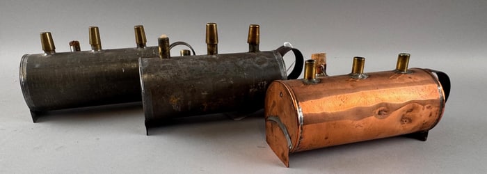 THREE BARREL-FORM HEAT LAMPS 19th Century Heights approx. 4.5". Lengths approx. 8".