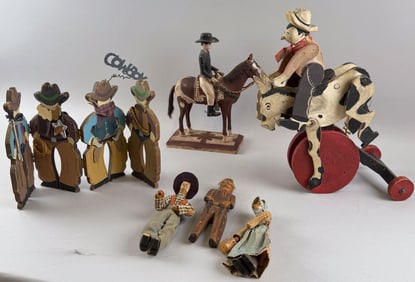 SIX FOLKSY CARVED WOODEN FIGURES 20th Century Heights from 7" to 14".