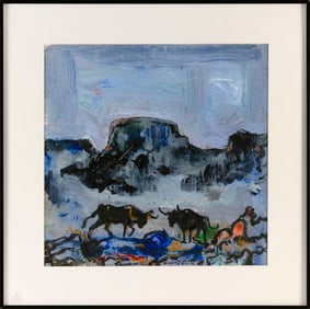 ROBERT NOEL BLAIR (New York, 1912-2002), Western landscape with two bulls., Watercolor on paper,