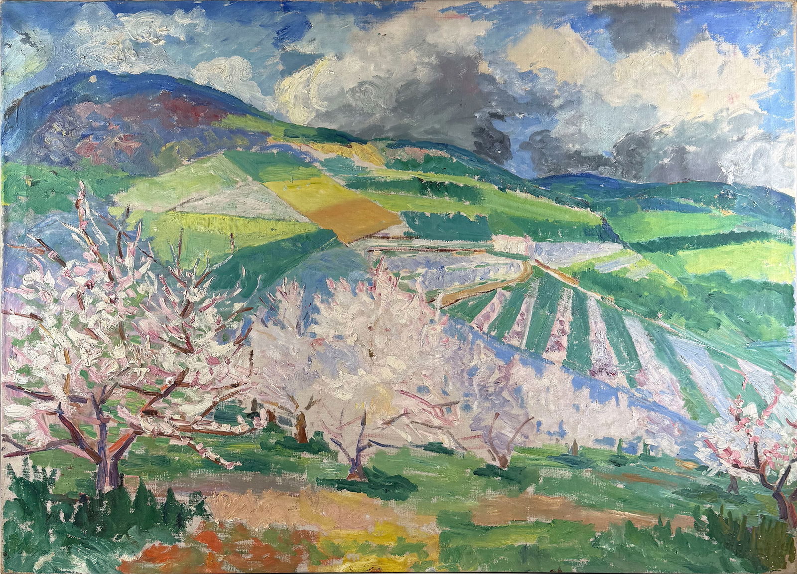 AMERICAN SCHOOL (20th Century,), Colorful landscape with rolling fields., Oil on canvas, 36" x 49". (1 of 3)